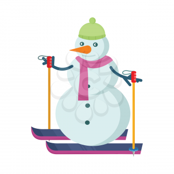 Snowman skiing in green hat and pink scarf isolated on white. Winter holidays concept design. Cartoon character having recreation. Winter sport activities. Xmas wonderland. Vector illustration