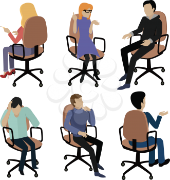 Set of people sitting on chair. Man and woman at work. Different pose and gestures. Endless work seven days a week. Working moments. Part of series of work at the office. Vector illustration