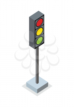 Isometric traffic light icon. Traffic light on base. Standing is prohibited. City isometric object in flat. Drive safety. Isolated vector illustration on white background.