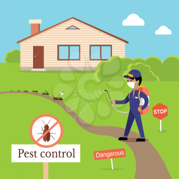 Pest control concept vector in flat design. Man in uniform with face mask spray pesticides from sprayer  near house. Chemical treatment against ants, termites, cockroaches, fleas, agricultural pests.