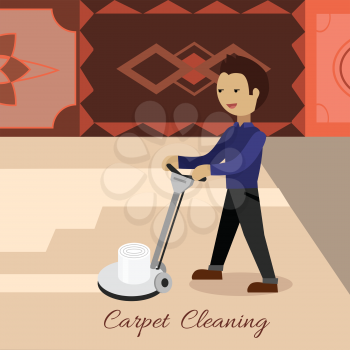 Carpet cleaning conceptual vector. Flat design. Male cleaner working with surface washing machine, carpets with ornaments on the wall. Illustration for cleaning companies and services advertising