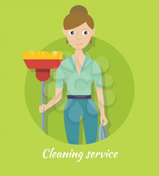 Cleaning service. Female member of the cleaning service staff with broom and duster. Worker of cleaning company. Successful housekeeping company banner. Office and hotel cleaning. Vector illustration