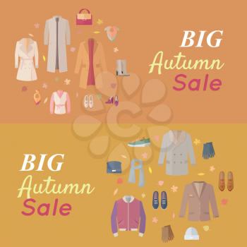 Big autumn sales vector concept. Flat design. Warm womens and mens clothes, shoes and accessories for cold season on wite background with fallen leaves and sticker with text For store discounts ad des