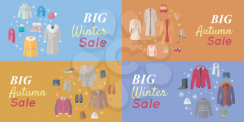 Seasonal Sales Vector Concepts. Flat style. Big winter and autumn sales. Warm mens, and women s clothes, shoes and accessories for cold season on colored backgrounds. For store discounts ad design