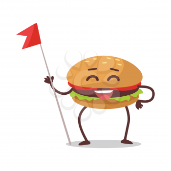 Happy hamburger cartoon character. Burger with meat, lettuce and tomato. Burger or sandwich, fast food. Burger mascot man. Meal and snack burger on white background. Cartoon fast food menu character