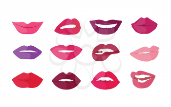 Set of lips with expression of emotions. Funny emoticons expressing anger, happiness, sadness, joy, surprise, wonder, amazement. Different mood states collection isolated on white. Vector