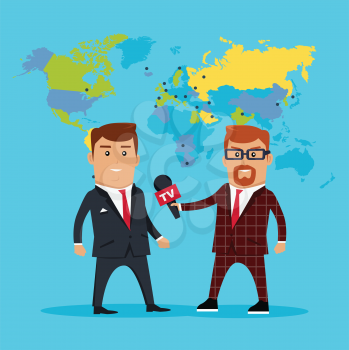 Interview on the background of the world map. Breaking news concept vector illustration in flat style design. TV reporter with microphone in hand is to interview experts, politicians, businessmen.