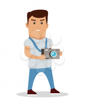 Photographer character vector. Flat design. Summer vacation travel concept. Profession, hobby, taking picture, tourism illustration for ad, icons. Man with photo camera standing on white background.