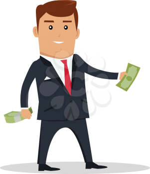 Male character with bundle of money vector. Flat style design. Smiling man in business suit standing and holding dollar banknotes. Investment, wages, income, credit, savings, charity concept.