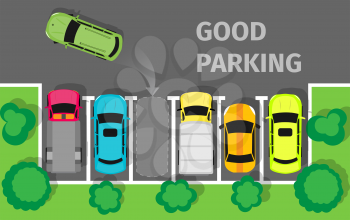 Good parking. Car parked in appropriate way. Intelligent polite, courteous, civil car driver. Parking zone conceptual web banner. Respectful driver in parking lot or car park. Vector in flat style