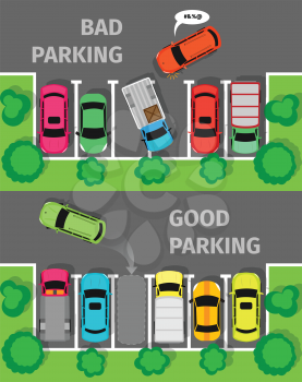 City parking vector web banner. Flat style. Shortage parking spaces. Large number of cars in a crowded parking. Urban infrastructure and car boom. Bad and good parking