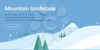 Mountain landscape web banner. Skiing scenery design. Extreme hills in snowy outdoor high mountains. Sport season environment. Winter holiday resort activity. Blue sky and crystal white snow. Vector