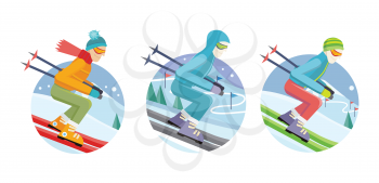 Set of skier man icons. Flat design. Men in ski suit and sunglasses sliding from hill with slalom flags. Winter entertainments, outdoor activity and sport. Extreme slalom. For mountain resort ad
