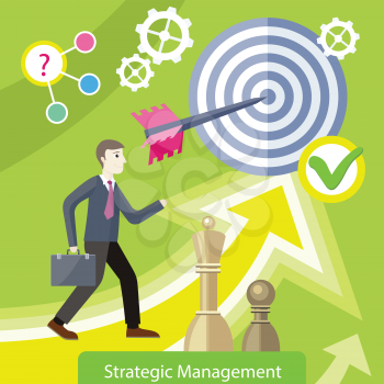 Strategic management concept flat style vector. Businessman with briefcase, arrow in target, chess figures, gears illustrations. Success planning and expected development. Wealth and savings growing. 