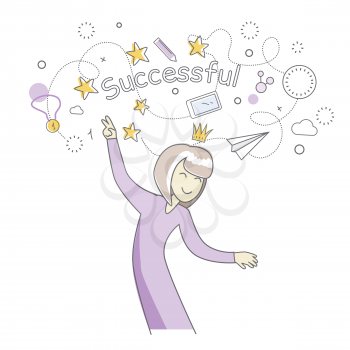 Happy woman in purple dress dancing. Woman dancing icon. Successful woman having fun and dancing. Woman rejoices, celebrates his victory, success. Line art. Isolated object on white background.