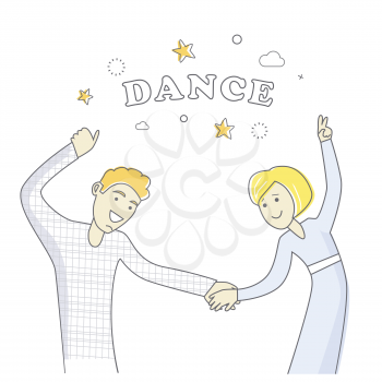 Man and women dancing. People good friends. Close friendship concept. Banner with happy successful people. Funny students together. Business partners at the party having fun. Vector illustration