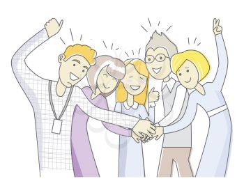 Successful team in linear style isolated on white. Office team in cartoon style. Teamwork in the company. Trustful relationship in business cooperation. Workers as a members of one big family. Vector