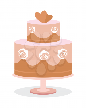 Wedding cake vector illustration. Flat design. Two tier chocolate cake with roses on side and hearts on top. Dessert at wedding ceremony. For greeting, invitation cards design. On white background