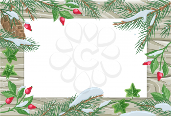 Vector frame with pine tree, ivy, sweetbrier brunches and copyspace on wooden background. Flat style. Celebrating winter holidays. For Christmas and New Year greeting card, seasonal advertising design