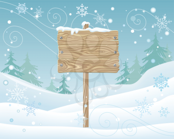 Wooden sign with spare place for your text. Postcard, greeting card design. Merry Christmas, Happy New Year. Xmas celebration winter season greeting message. Board and snowflakes on landscape. Vector