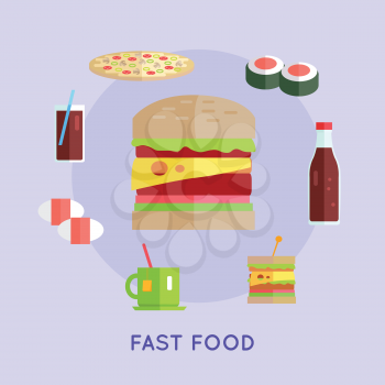 Fast food vector concept in flat style. Street food concept. Hamburger, pizza, tea, sushi, cheeseburger, beverage illustrations for cafe, snack bar, food delivery ad, prints, logo menu design 