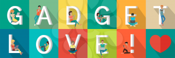 Gadget love banner. People with gadgets standing and sitting near letters. Modern youth with electronic gadgets. Social media network connection. Colored letter and people with electronic devices