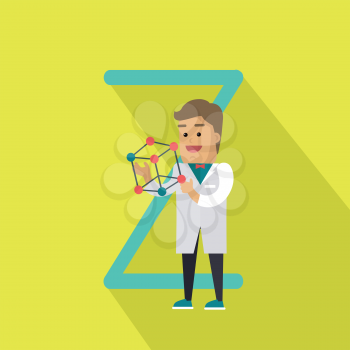 Science alphabet vector concept. Flat style. ABC element. Scientist man in white gown standing with atom structure in hand, letter Z behind. Educational glossary. On yellow background with shadow  