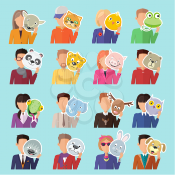 Set of different people with various animal masks in hand vector. Flat design. Masquerade animal clothing and party costume. Psychological portrait and hidden personality. Isolated on blue background