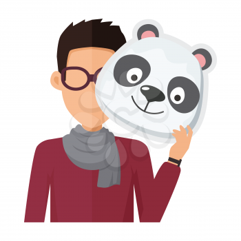 Man without face in glasses with panda mask isolated on white. Boy in sweater and scarf with carnaval festival mask for children. Funny cartoon masquerade masque. Animator userpic avatar. Vector