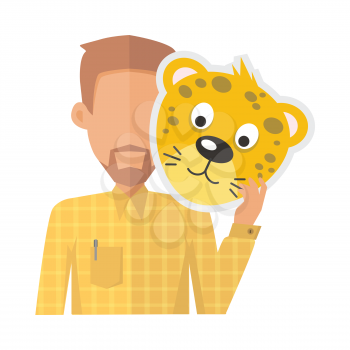 Man without face with tiger mask isolated on white. Boy in shirt and beard with carnaval festival mask for children. Funny cartoon masquerade masque. Animator userpic avatar. Vector in flat style