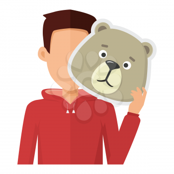 Man character in red sweatshirt with bear mask in hand vector. Flat design. Masquerade animal clothing and party costume. Psychological portrait and hidden personality. Isolated on white background