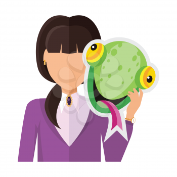 Brunet woman character in violet blouse with chameleon mask in hand vector. Flat design. Masquerade animal clothing and party costume. Psychological portrait and hidden personality. On white