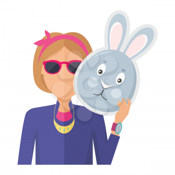 Woman in sunglasses with rabbit or hare mask in hand flat vector illustration isolated on white background. Masquerade animal clothing and party costume. Psychological portrait and hidden personality