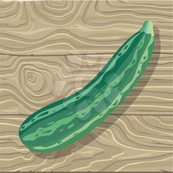 Ripe striped zucchini on wooden background. Flat design vector. Vegetable on table. Healthy vegetarian food. Autumn harvest concept. Natural gardening. Illustration for plant farm, grocery store ad