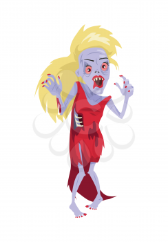 Scary zombie woman walking. Frightening dead female in red dress with blond hair, blue skin, blood stain flat vector illustration isolated on white background. Horror character for Halloween concept