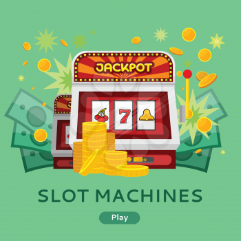 Casino gambling website template. Chips stacks, slot machines and money on green background. Banner for online casino. Jackpot concept. Vector illustration. Casino background
