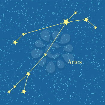 Aries zodiac symbol on background of cosmic sky. First astrological sign in the Zodiac, based on the Chrysomallus, the flying ram. Horoscope sign of zodiac. Astrology and mythology concept. Vector