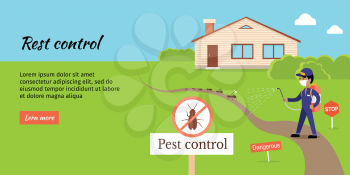 Pest control vector web banner. Flat design. Man in uniform with face mask spray pesticides from sprayer  near house. Chemical treatment against ants, termites, cockroaches, fleas, agricultural pests.