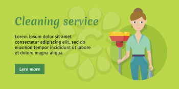 Cleaning service. Female member of the cleaning service staff with broom and duster. Worker of cleaning company. Successful housekeeping company banner. Office and hotel cleaning. Vector illustration
