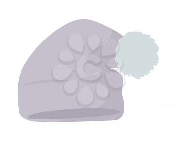 Warm grey hat with pompon vector. Flat design.