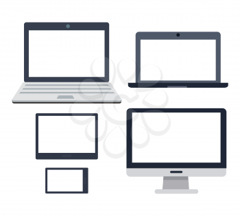 PC devices set. Collection of realistic monitors. Laptop tablet and phone, map-case. Editable items in flat style for web design. Part of series of accessories for work in office. Vector illustration