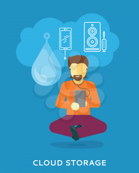 Cloud storage design concept. Man uses cloud storage on tablet. Storage and cloud computing backup online data network internet web storage connection. Vector design illustraion in flat style