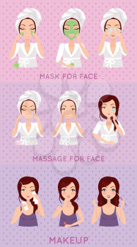 Girl cleaning care her face, massage face, mask for face, applying makeup. SPA, health and beauty set. Set of face skin care with home remedies. Skin care set. Girl in white bathrobe and towel on head