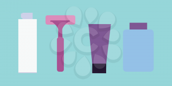 Elements for boys face wash. Face washing and shaving accessories. Decorative cosmetics. Instruments for man to take care about his look. Part of series of face care. Vector illustration