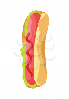 Hot dog with sausage, green salad leaves, ketchup and bread isolated on white background. American hot dog sandwich. Illustration of delicious tasty fast food.