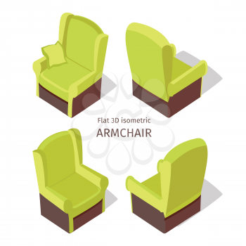 Green armchair vector on four sides in isometric projection. Comfortable furniture  illustration for stores advertising, app icons, infographics, logo, web and games environment design. Isolated on wh