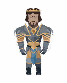 Game object of knight in steel medieval armor with crown. Character stand in front. Stylized fantasy characters. Game object in flat design on white game background. Vector illustration.