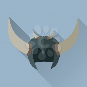 Helmet headpiece with horns isolated. Shield for game. Medieval armour. Weapon symbol icon. War concept. For computer games, mobile appliances. Part of series of game objects in flat design. Vector