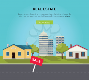 Real estate vector web banner in flat style. Road, cottage houses , living block, skyscraper, trees and lawn on blue background. Illustration for real estate company advertising, housing concepts.