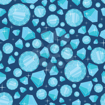 Seamless pattern of blue shiny diamonds. Different diamonds in various projections on dark blue background. Diamond decoration. Diamond background. Vector illustration in flat.